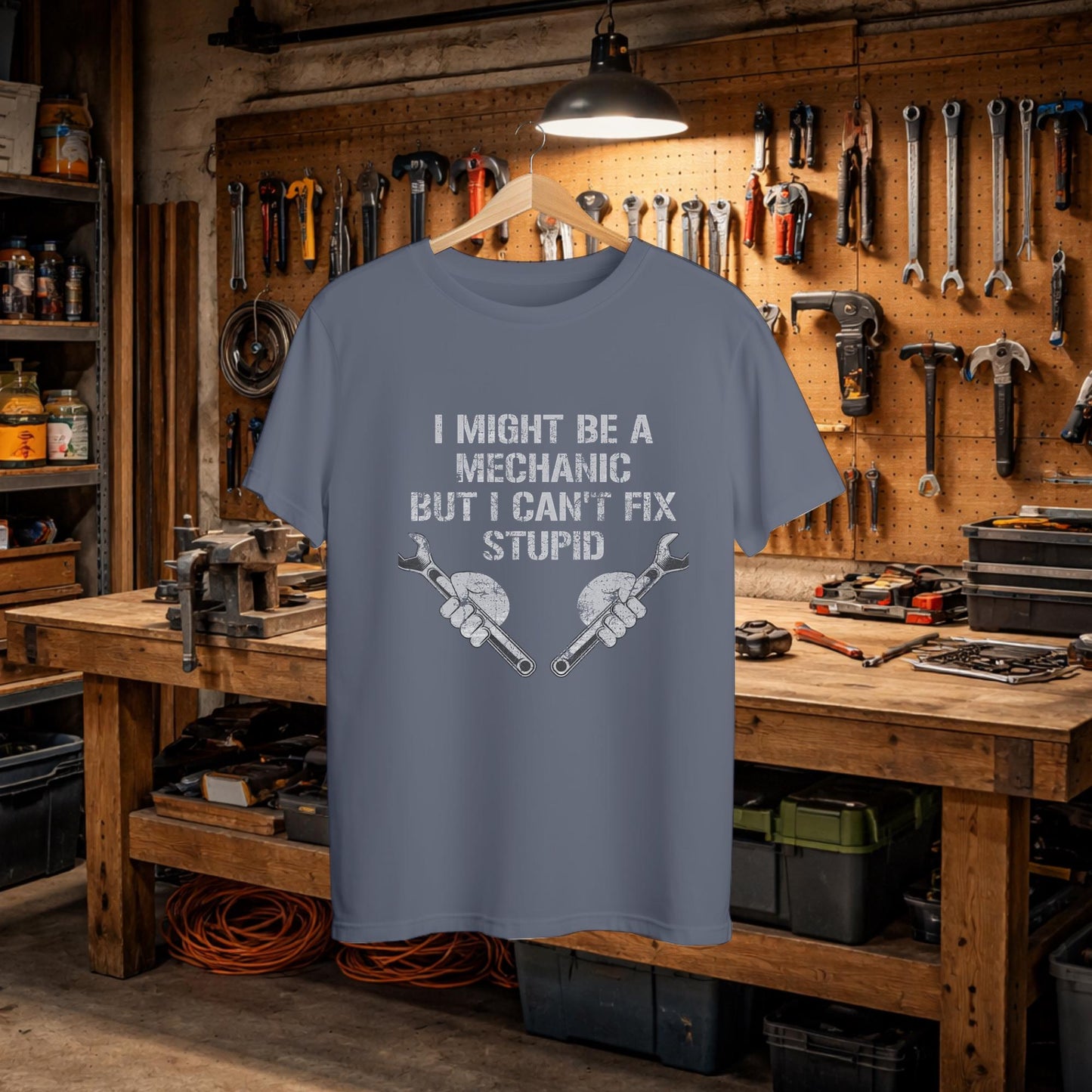 Funny Mechanic Shirt, I Can't Fix Stupid Garage Humor Tee
