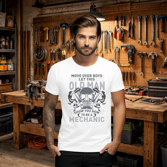 Old Man Mechanic Graphic Tee, Humorous Garage Shirt, Soft Cotton Unisex Fit