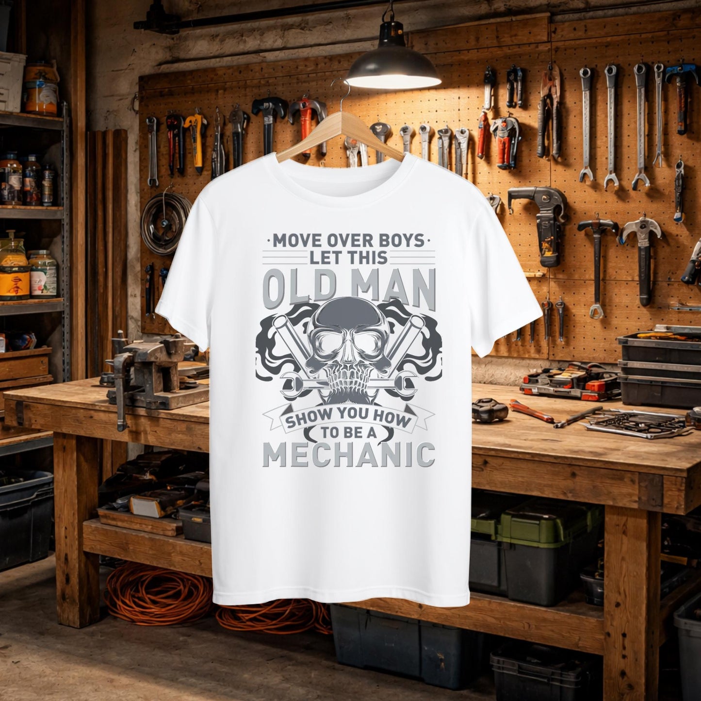 Old Man Mechanic Graphic Tee, Humorous Garage Shirt, Soft Cotton Unisex Fit