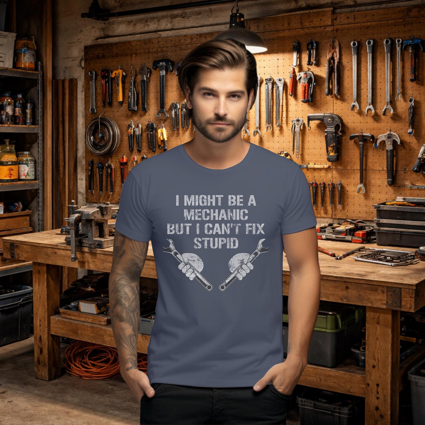 Funny Mechanic Shirt, I Can't Fix Stupid Garage Humor Tee