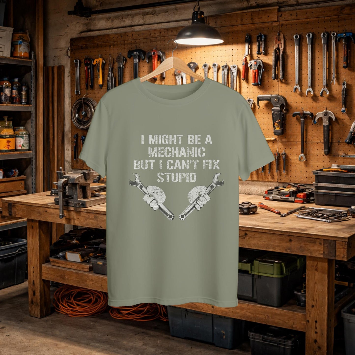 Funny Mechanic Shirt, I Can't Fix Stupid Garage Humor Tee