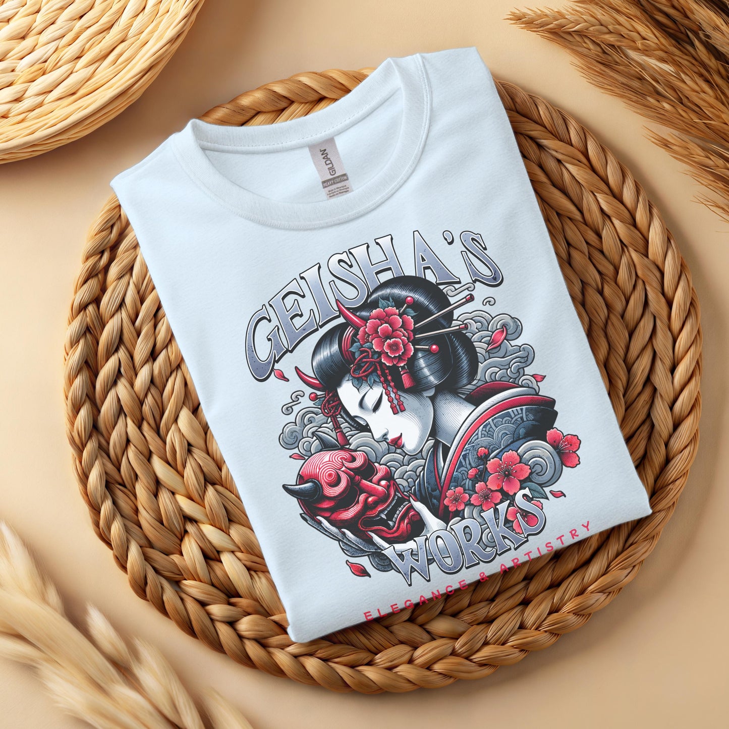 Geisha Oni Mask T-Shirt, Japanese Ukiyo-e Style Graphic Tee