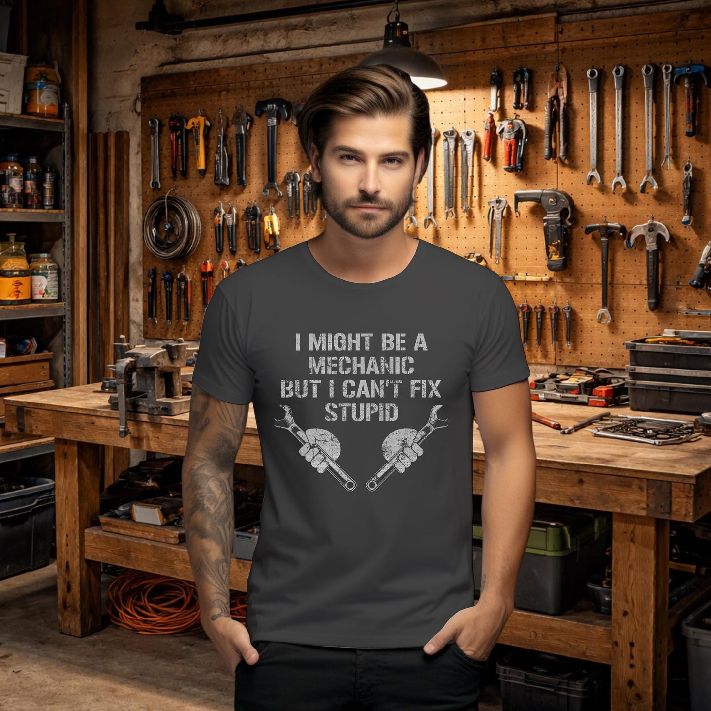 Funny Mechanic Shirt, I Can't Fix Stupid Garage Humor Tee