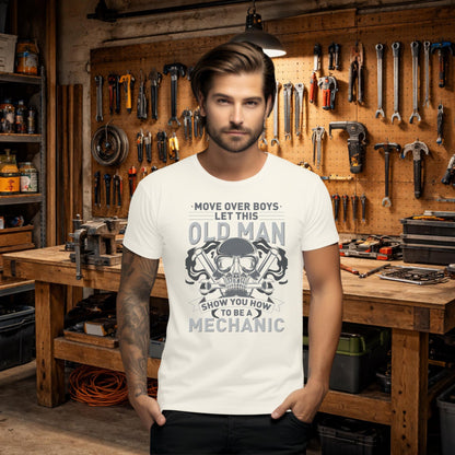 Old Man Mechanic Graphic Tee, Humorous Garage Shirt, Soft Cotton Unisex Fit