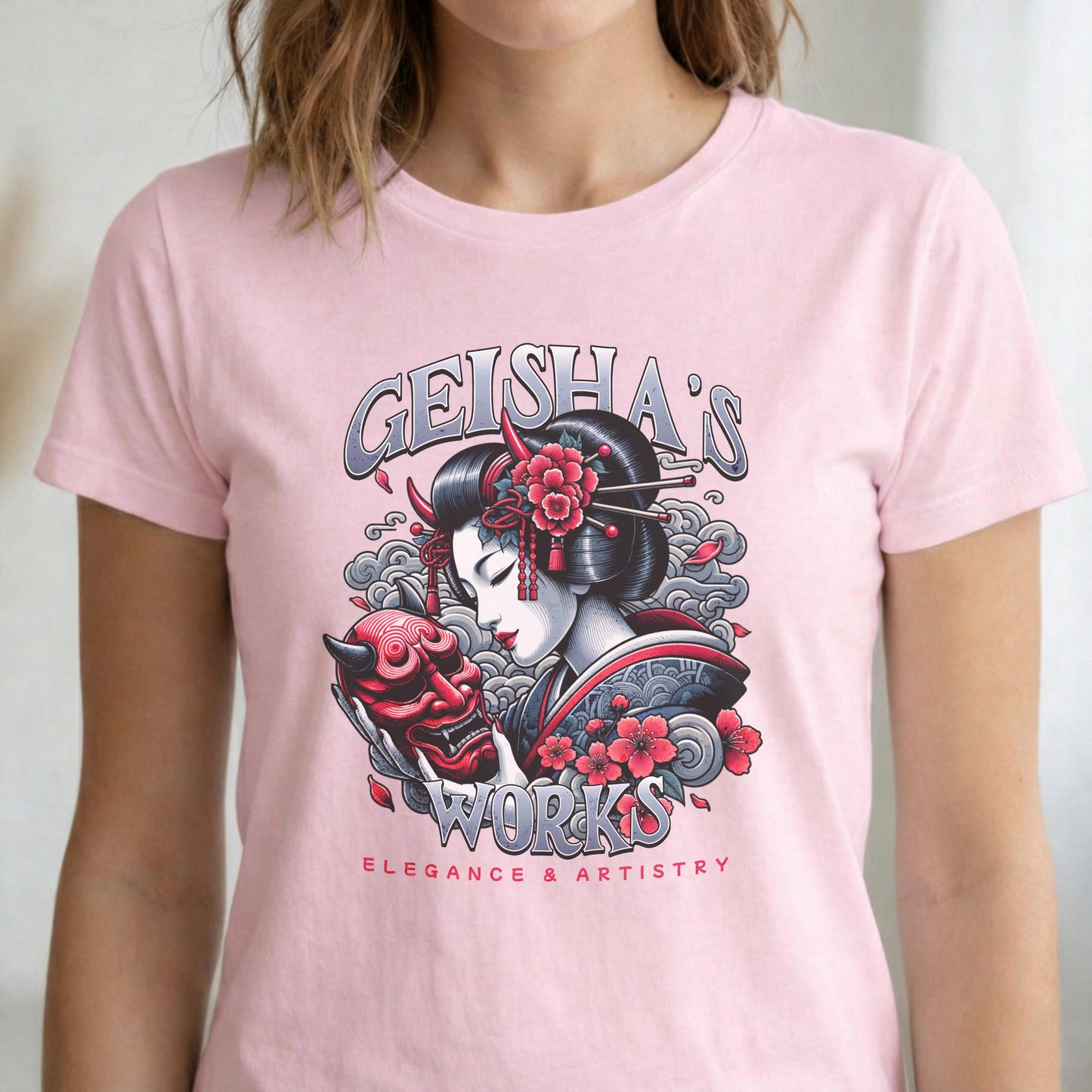 Geisha Oni Mask T-Shirt, Japanese Ukiyo-e Style Graphic Tee