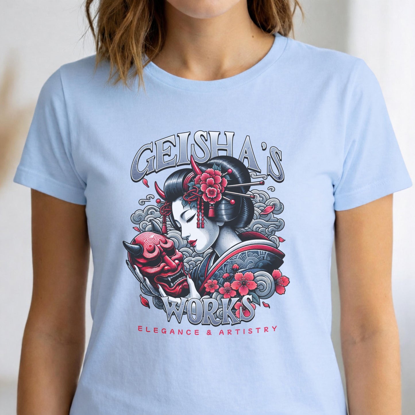 Geisha Oni Mask T-Shirt, Japanese Ukiyo-e Style Graphic Tee