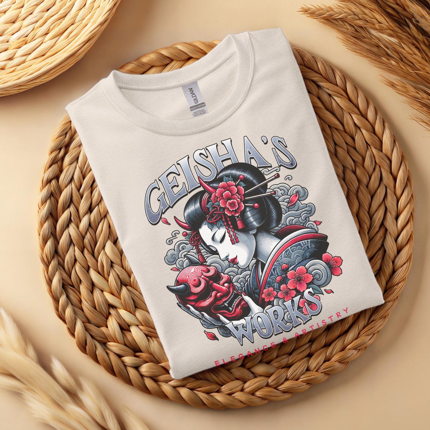 Geisha Oni Mask T-Shirt, Japanese Ukiyo-e Style Graphic Tee