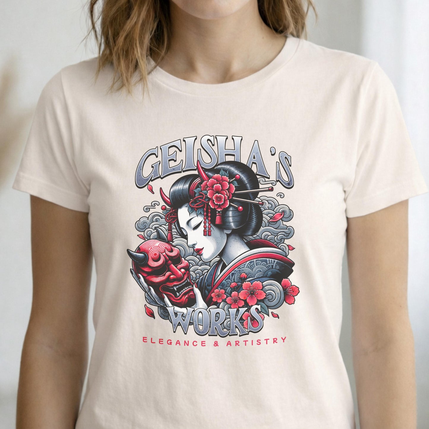Geisha Oni Mask T-Shirt, Japanese Ukiyo-e Style Graphic Tee