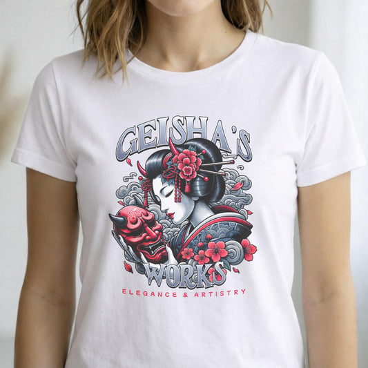 Geisha Oni Mask T-Shirt, Japanese Ukiyo-e Style Graphic Tee